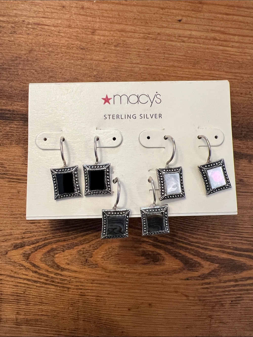 Set of 3, Macy's Sterling Silver Square Drop Earrings, Onyx, Abalone, Pearl